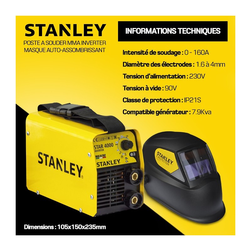 Poste souder inverter stanley 160a masque 11din Stanley STAR4000KIT