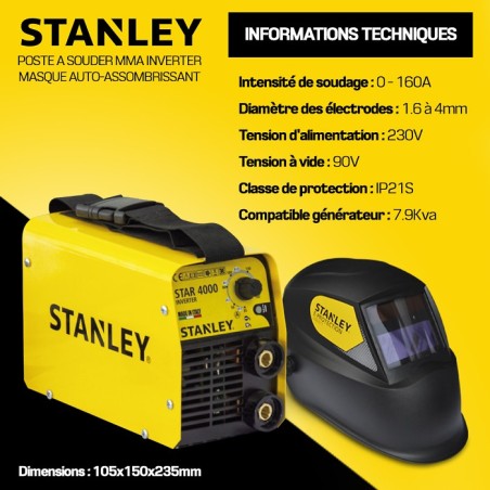 Poste souder inverter stanley 160a masque 11din Stanley STAR4000KIT